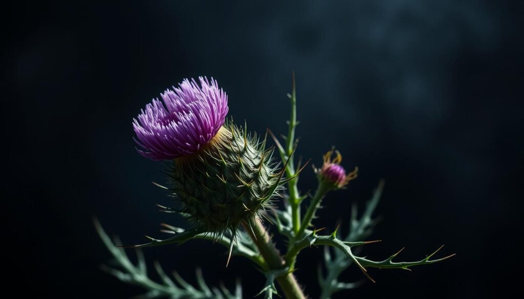 Detailed heraldic illustration of a thistly, nodding thistle plant with vibrant purple flowers and spiny green leaves. Dramatic lighting casts deep shadows, highlighting the plant's intricate textures and spines. The thistle is the central focus, positioned in the foreground against a blurred, atmospheric background. The composition emphasizes the thistle's majestic, almost otherworldly presence, evoking a sense of nobility and symbolic power associated with this historic heraldic symbol. Detailed heraldic illustration of a thistly, nodding thistle plant with vibrant purple flowers and spiny green leaves. Dramatic lighting casts deep shadows, highlighting the plant's intricate textures and spines. The thistle is the central focus, positioned in the foreground against a blurred, atmospheric background. The composition emphasizes the thistle's majestic, almost otherworldly presence, evoking a sense of nobility and symbolic power associated with this historic heraldic symbol.