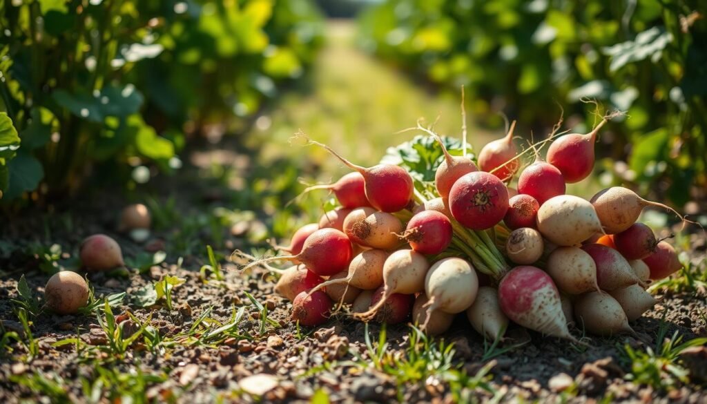 Historische Radieschen, a vibrant display of earthy hues and intricate textures. A crisp, sun-dappled field lays the foundation, with verdant foliage framing the scene. In the foreground, a cluster of distinct radish varieties beckons - round, elongated, and varied in shades of crimson, scarlet, and ivory. Captured with a shallow depth of field, the radishes appear to almost leap off the page, their surfaces glistening with morning dew. The lighting is soft and natural, casting gentle shadows that accentuate the radishes' unique shapes and contours. This image evokes a sense of rustic charm, inviting the viewer to explore the rich history and diversity of these humble yet remarkable root vegetables.