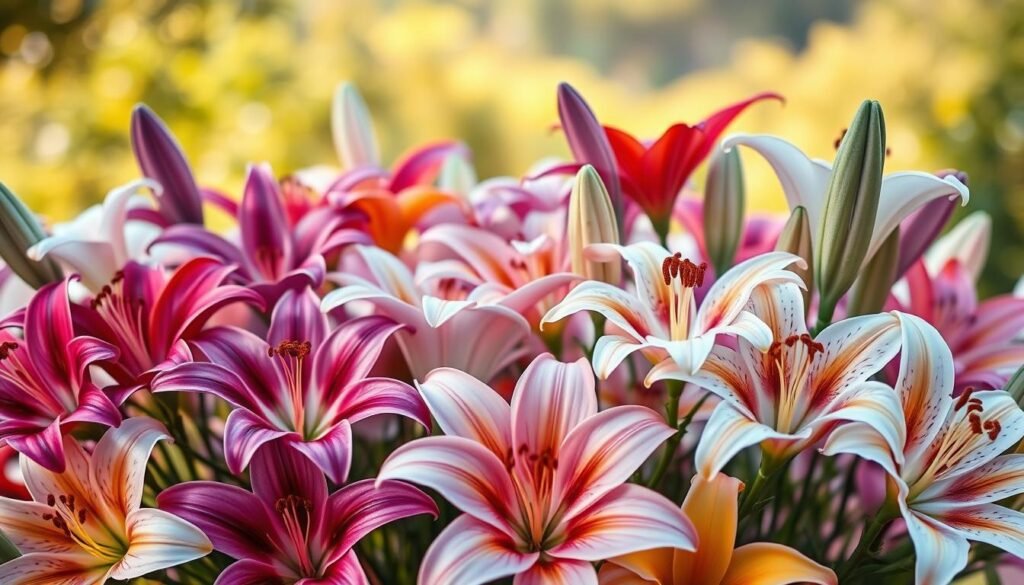 Lilien Hybriden Züchtung: a vibrant bouquet of elegant lily hybrids in full bloom, captured with a crisp, high-resolution lens. The foreground showcases a diverse array of lilies in captivating hues, ranging from delicate pastels to bold, saturated tones. The middle ground reveals the intricate details of the blossoms, their petals gently unfurling to reveal the vibrant stamens within. In the background, a softly blurred, natural setting provides a serene and harmonious backdrop, suggesting the modern, innovative approach to lily cultivation. The lighting is warm and diffused, creating a sense of depth and an ethereal, dreamlike atmosphere that accentuates the beauty of these hybridized lilies.