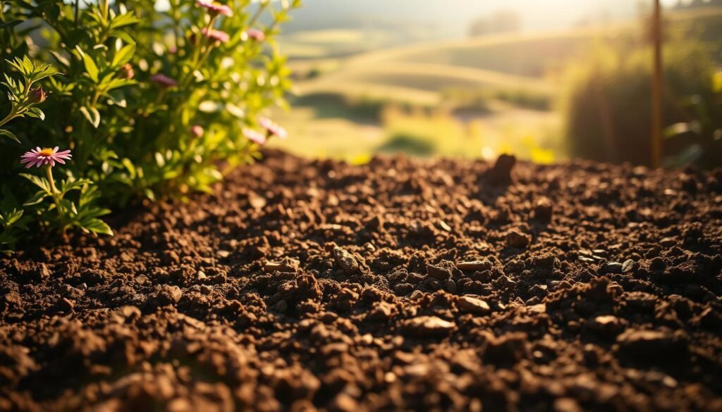 Lush, fertile soil in a sun-dappled garden setting, ideal for thriving aster plants. The foreground showcases rich, dark earth teeming with nutrients, ready to nourish the delicate aster blooms. In the middle ground, verdant foliage frames the scene, hinting at the vibrant flowers to come. The background features a tranquil landscape, perhaps a rolling meadow or a picturesque garden path, bathed in warm, golden light that casts a gentle glow over the entire composition. The overall mood is one of abundance, vitality, and the promise of a bountiful aster harvest. Captured with a soft, slightly hazy lens to evoke a serene, dreamlike atmosphere.