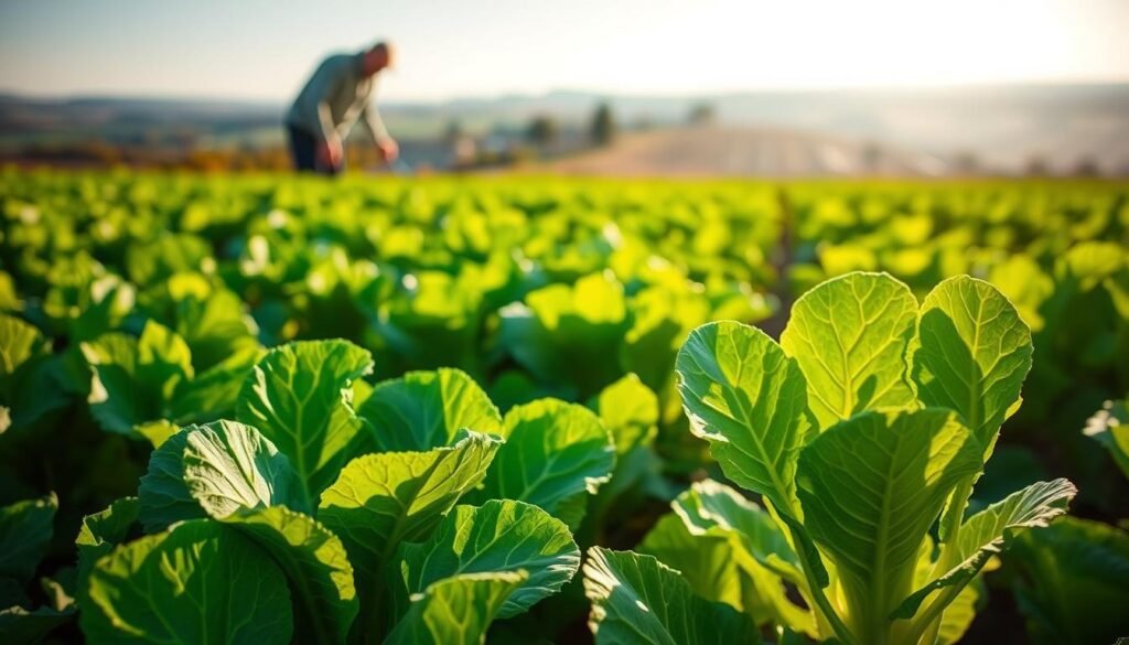 Lush green field of freshly grown, vibrant field lettuce (Feldsalat) in the foreground, with a farmer inspecting the plants closely. Warm afternoon sunlight filters through the leaves, casting gentle shadows. In the middle ground, a close-up view of a single field lettuce plant, showcasing its delicate texture and structure. The background features a hazy, out-of-focus rural landscape, suggesting the tranquil setting of a well-tended vegetable garden. The overall scene conveys a sense of care, attention to detail, and the importance of avoiding common cultivation mistakes for the perfect Feldsalat harvest.