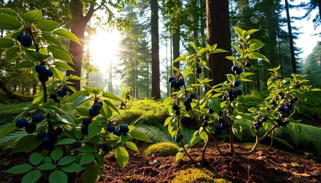 Lush, verdant Heidelbeeren plants thriving in a tranquil forest setting. The sun filters through the canopy, casting a warm, golden glow on the delicate, glossy green leaves and the plump, deep blue berries clustered along the graceful, arching stems. In the foreground, the plants are arranged in an organic, natural composition, their roots nestled in rich, loamy soil. The middle ground features a mix of ferns, mosses, and other understory vegetation, creating a layered, textured backdrop. In the distance, tall, stately trees tower overhead, their branches swaying gently in a soft breeze. An atmosphere of serenity and natural harmony pervades the scene, inviting the viewer to imagine the tranquil joys of Heidelbeerenkultur.