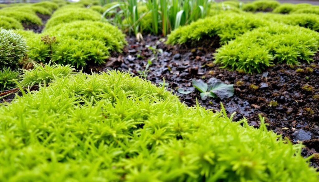 Lush, verdant garden beds, dampened by recent rainfall, showcasing a vibrant array of mosses and moist earth. The foreground features a close-up view of the soft, velvety texture of the moss, with delicate fronds and a glistening sheen. In the middle ground, a mix of native grasses and low-growing plants intermingle, creating a natural, harmonious landscape. The background suggests a slightly overcast, diffused lighting, casting a gentle, even illumination across the scene, enhancing the earthy tones and the sense of tranquility. The overall atmosphere evokes a serene, contemplative mood, inviting the viewer to appreciate the beauty and importance of moss in the garden ecosystem.