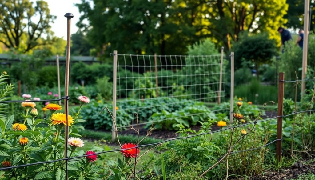 Lush, verdant garden scene with a focus on effective mole deterrents. In the foreground, a mix of wire mesh fencing, vibrant flowering plants, and carefully placed natural deterrents like thorny branches. The middle ground features a well-tended vegetable patch, protected by a sturdy wire mesh barrier. In the background, a backdrop of mature trees and shrubbery, creating a sense of a thriving, harmonious ecosystem. The lighting is soft and natural, accentuating the earthy tones and textures. The overall mood is one of sustainable, environmentally-conscious gardening practices that work in harmony with nature to prevent mole damage.