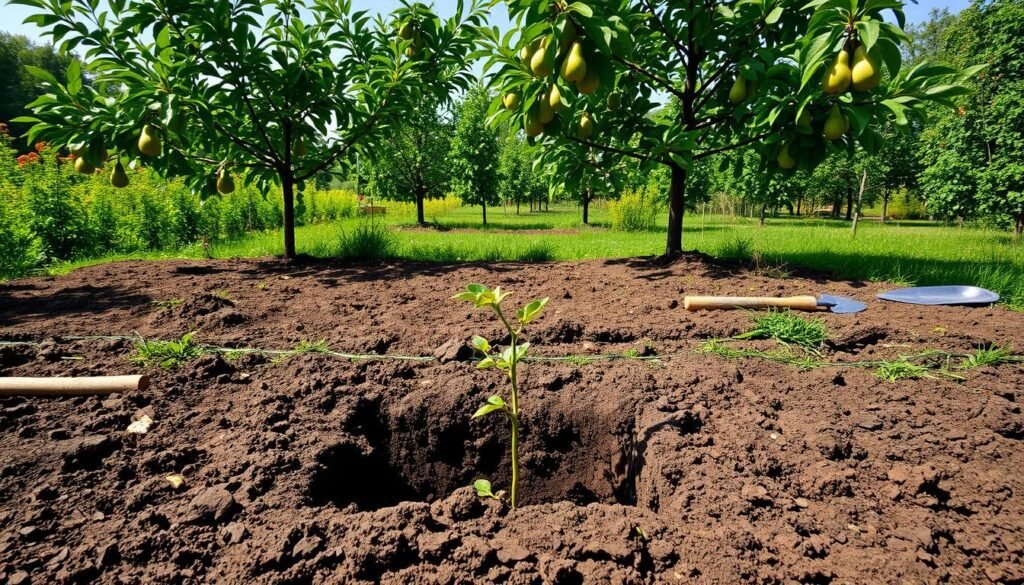 Lush, verdant garden setting on a sunny day. In the foreground, a rectangular hole in the soil, freshly dug and ready to receive a young pear tree. The earth is rich and dark, with a slightly loosened texture, inviting the tree's roots to take hold. Surrounding the planting hole, a carefully raked bed of soil, free of debris and weeds, awaits the arrival of the new sapling. In the middle ground, garden tools such as a spade and trowel lie nearby, suggesting the meticulous preparation that has gone into this moment. In the background, the silhouettes of mature pear trees sway gently in a light breeze, their branches heavy with the promise of future harvests. The scene radiates a sense of tranquility and anticipation, capturing the essence of planting a new pear tree with care and attention. Lush, verdant garden setting on a sunny day. In the foreground, a rectangular hole in the soil, freshly dug and ready to receive a young pear tree. The earth is rich and dark, with a slightly loosened texture, inviting the tree's roots to take hold. Surrounding the planting hole, a carefully raked bed of soil, free of debris and weeds, awaits the arrival of the new sapling. In the middle ground, garden tools such as a spade and trowel lie nearby, suggesting the meticulous preparation that has gone into this moment. In the background, the silhouettes of mature pear trees sway gently in a light breeze, their branches heavy with the promise of future harvests. The scene radiates a sense of tranquility and anticipation, capturing the essence of planting a new pear tree with care and attention.