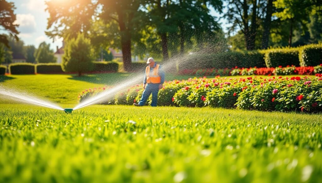 Lush, verdant lawn under a warm, sun-dappled sky. In the foreground, a sprinkler system gently mists the grass, maintaining optimal soil moisture. Mid-frame, a groundskeeper carefully inspects the lawn, assessing its health and identifying any problem areas. In the background, rows of vibrant, well-tended shrubs and flowers frame the scene, creating a harmonious, rejuvenating landscape. Captured with a wide-angle lens to showcase the full scope of this carefully curated outdoor oasis, the image conveys a sense of tranquility and the importance of diligent, sustainable lawn care.