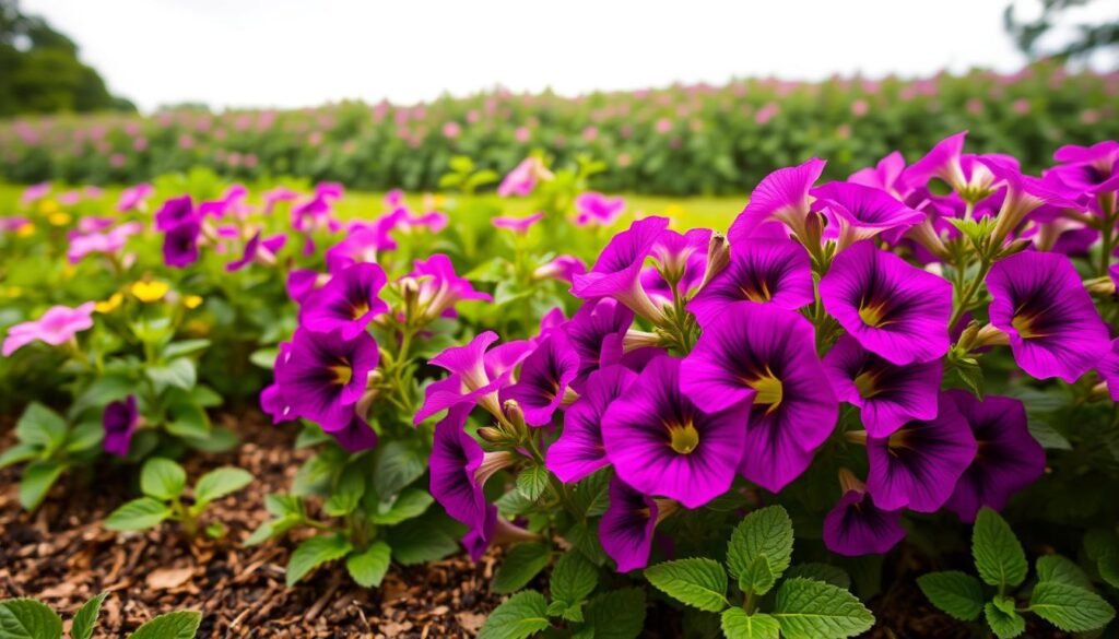 Lush, vibrant petunias in a well-tended garden bed, their delicate blooms cascading gracefully. Warm, soft lighting from an overcast sky gently illuminates the scene, creating a serene, natural atmosphere. The foreground features a cluster of healthy, thriving petunias, their velvety purple and pink hues accentuated by the rich, loamy soil. In the middle ground, a few petunias show signs of potential overwatering, their leaves slightly drooping and discolored. The background depicts a verdant, well-maintained garden, hinting at the care and attention required to avoid common petunia cultivation errors. The overall composition conveys the importance of mindful watering practices to prevent waterlogging and ensure the vibrant, long-lasting beauty of these beloved flowers.