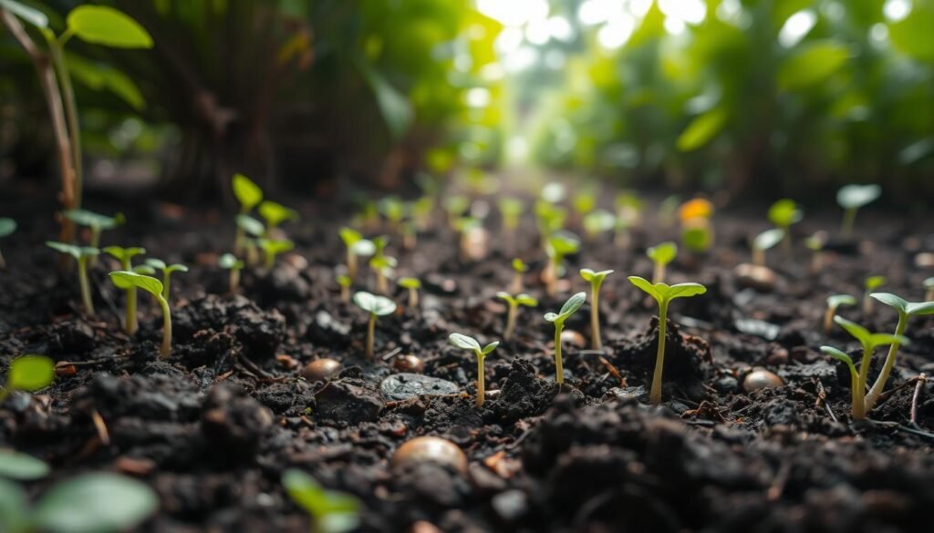Moist, dark soil with delicate roots and sprouting seedlings in the foreground, surrounded by lush, vibrant foliage in the middle ground. Diffused natural light filters through the canopy, casting soft shadows and creating a sense of earthy, organic atmosphere. The scene evokes a thriving, nutrient-rich environment, ideal for the growth and proliferation of small, soil-dwelling pests like fungus gnats. Capture this visually compelling representation of the conditions that foster the spread of these unwanted guests.