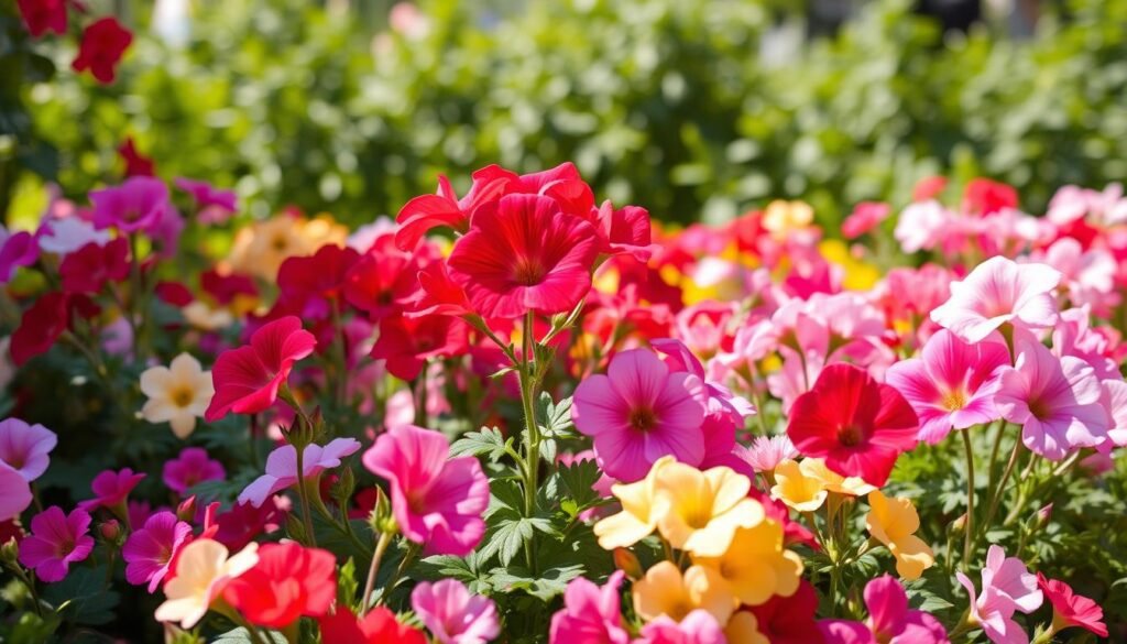 Pelargonium Sortenvielfalt: a vibrant array of geranium blooms in a lush, sunlit garden. The foreground showcases a diverse collection of geranium cultivars, each flower a unique study in color, texture, and petal arrangement. The middle ground features a harmonious blend of complementary hues, with soft shadows and highlights accentuating the three-dimensional forms. In the background, a blurred vista of verdant foliage creates a serene, natural setting, evoking the essence of a carefully curated, botanical display. Captured with a wide-angle lens and natural lighting, this image exudes a sense of abundance, beauty, and horticultural expertise. Pelargonium Sortenvielfalt: a vibrant array of geranium blooms in a lush, sunlit garden. The foreground showcases a diverse collection of geranium cultivars, each flower a unique study in color, texture, and petal arrangement. The middle ground features a harmonious blend of complementary hues, with soft shadows and highlights accentuating the three-dimensional forms. In the background, a blurred vista of verdant foliage creates a serene, natural setting, evoking the essence of a carefully curated, botanical display. Captured with a wide-angle lens and natural lighting, this image exudes a sense of abundance, beauty, and horticultural expertise.