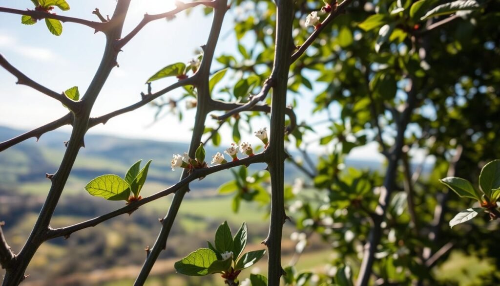 Schlehe Qualitätsmerkmale: a close-up view of a vibrant blackthorn shrub, its dark green foliage contrasting with the delicate white blossoms that dot the branches. The camera focuses on several stems, revealing the thorny, angular structure and the smooth, slate-colored bark. Sunlight filters through the leaves, casting a warm, natural glow over the scene. In the background, a blurred landscape of rolling hills and a clear blue sky evokes a serene, pastoral setting. The overall impression is one of rustic beauty and the inherent quality of this hardy, traditional plant.