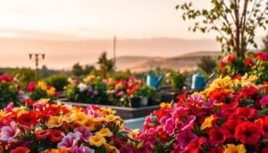 Seasonal flower care: a lush, vibrant garden in harmony with nature. In the foreground, a profusion of blooming petunias in a rainbow of colors, their delicate petals gently swaying in a soft breeze. The middle ground features a well-tended flower bed, with gardening tools and watering cans nearby, signifying the diligent care required throughout the seasons. In the background, a backdrop of rolling hills and a warm, golden-hued sky, creating a serene, idyllic atmosphere. The lighting is soft and diffused, capturing the tranquil mood of the scene. A classic, timeless composition that celebrates the beauty and rhythm of nature's cycles, perfect for illustrating the article's section on seasonal flower care.