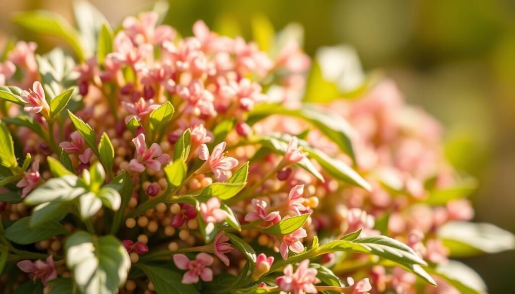 A close-up view of a healthy quinoa plant, its vibrant green leaves and delicate pink flowers contrasted against a softly blurred background. The plant is bathed in warm, natural lighting, highlighting the intricate textures and rich colors of the superfood's nutrients. The image conveys a sense of vitality and nourishment, reflecting the plant's status as a powerhouse of essential vitamins, minerals, and antioxidants. The composition is balanced and visually appealing, inviting the viewer to appreciate the beauty and bounty of this remarkable superfood.