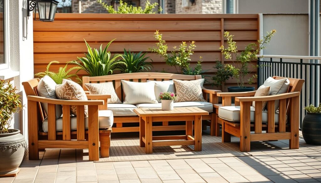 A cozy and inviting garden furniture set with a corner bench, captured in a warm, natural light. The wooden frame and cushioned seats create a charming, rustic ambiance, perfect for a balcony or patio setting. The arrangement features a harmonious blend of neutral tones, allowing the natural textures to shine. Meticulously crafted details, such as the intricate armrests and seamless joinery, showcase the high-quality craftsmanship. The layout is designed to encourage relaxation and conversation, with the corner bench providing a comfortable, intimate seating area. The overall scene exudes a sense of tranquility and invites the viewer to imagine enjoying a leisurely afternoon or evening outdoors. A cozy and inviting garden furniture set with a corner bench, captured in a warm, natural light. The wooden frame and cushioned seats create a charming, rustic ambiance, perfect for a balcony or patio setting. The arrangement features a harmonious blend of neutral tones, allowing the natural textures to shine. Meticulously crafted details, such as the intricate armrests and seamless joinery, showcase the high-quality craftsmanship. The layout is designed to encourage relaxation and conversation, with the corner bench providing a comfortable, intimate seating area. The overall scene exudes a sense of tranquility and invites the viewer to imagine enjoying a leisurely afternoon or evening outdoors.