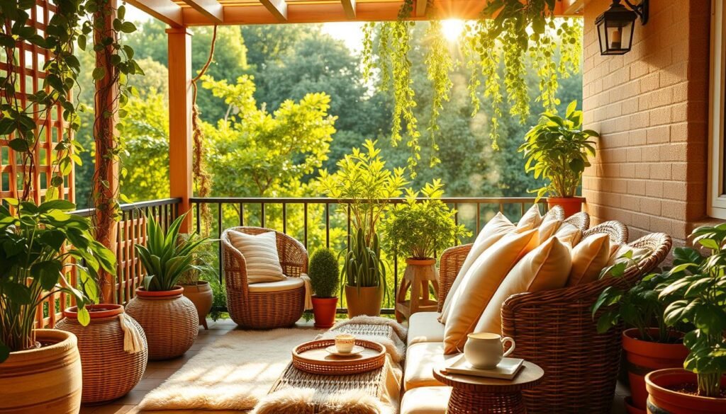 A cozy balcony nook with plush cushions and lush greenery, bathed in warm, natural light filtering through a latticed pergola. Soft textures of woven rattan furniture, velvety throw pillows, and a fluffy rug create an inviting, comfortable retreat. Potted plants and trailing vines add a touch of lush, verdant ambiance, while a small side table holds a steaming cup of tea, hinting at relaxation and tranquility. The scene evokes a sense of peaceful respite, an ideal spot to unwind and enjoy the pleasures of outdoor living. A cozy balcony nook with plush cushions and lush greenery, bathed in warm, natural light filtering through a latticed pergola. Soft textures of woven rattan furniture, velvety throw pillows, and a fluffy rug create an inviting, comfortable retreat. Potted plants and trailing vines add a touch of lush, verdant ambiance, while a small side table holds a steaming cup of tea, hinting at relaxation and tranquility. The scene evokes a sense of peaceful respite, an ideal spot to unwind and enjoy the pleasures of outdoor living.