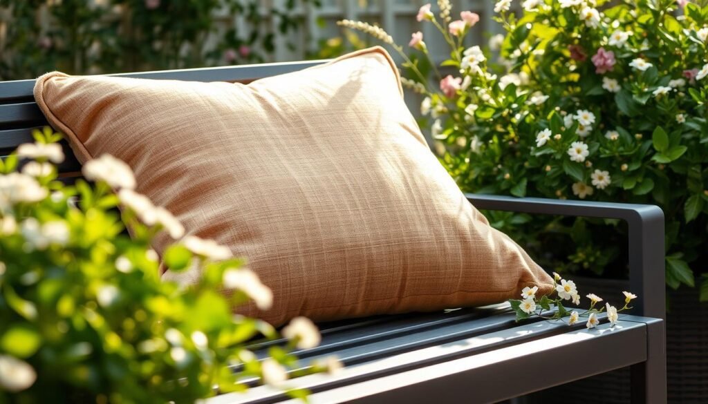 A cozy outdoor cushion nestled in a lush garden setting, featuring a plush, textured surface in a warm neutral shade. The cushion is placed on a sleek, modern patio bench, surrounded by verdant foliage and delicate floral accents. Soft, diffused lighting filters through the scene, creating a serene and inviting ambiance. The cushion's design seamlessly blends comfort and style, perfect for enhancing the relaxation and enjoyment of an outdoor living space. A cozy outdoor cushion nestled in a lush garden setting, featuring a plush, textured surface in a warm neutral shade. The cushion is placed on a sleek, modern patio bench, surrounded by verdant foliage and delicate floral accents. Soft, diffused lighting filters through the scene, creating a serene and inviting ambiance. The cushion's design seamlessly blends comfort and style, perfect for enhancing the relaxation and enjoyment of an outdoor living space.