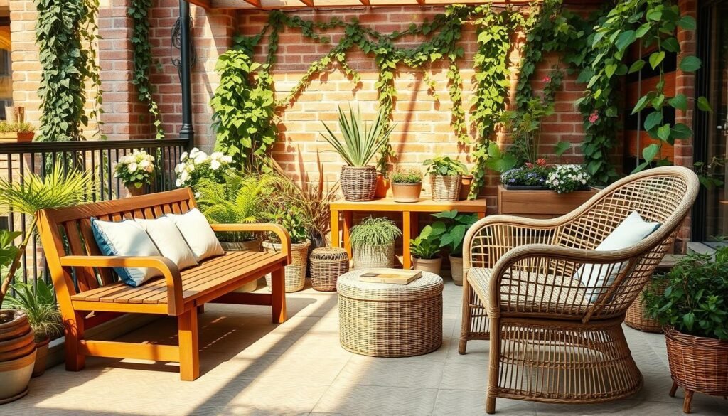 A cozy outdoor seating area with an array of natural materials for garden furniture. In the foreground, a wooden bench and a rattan armchair sit atop a textured tile floor, basking in warm, diffused sunlight. In the middle ground, various potted plants, wicker baskets, and a wooden side table create a lush, organic ambiance. The background features a brick wall, partially obscured by trailing vines, adding depth and a sense of tranquility. The scene exudes a rustic, earthy charm, perfectly capturing the material diversity and natural aesthetic of balcony furnishings. A cozy outdoor seating area with an array of natural materials for garden furniture. In the foreground, a wooden bench and a rattan armchair sit atop a textured tile floor, basking in warm, diffused sunlight. In the middle ground, various potted plants, wicker baskets, and a wooden side table create a lush, organic ambiance. The background features a brick wall, partially obscured by trailing vines, adding depth and a sense of tranquility. The scene exudes a rustic, earthy charm, perfectly capturing the material diversity and natural aesthetic of balcony furnishings.