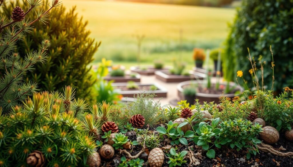 A lush garden setting with a close-up view of an effective mole deterrent strategy. In the foreground, a vibrant array of carefully placed plants and natural materials - thorny shrubs, prickly pine cones, and fragrant herbs - create a layered, visually striking barrier. The middle ground features a network of raised garden beds and paths, hinting at the underground tunnels moles might try to infiltrate. Warm, diffused lighting casts a gentle glow, evoking a sense of tranquility and environmental harmony. The background blurs into a verdant expanse, suggesting the larger context of the garden. The overall scene conveys a thoughtful, nature-based approach to deterring moles without harming them.