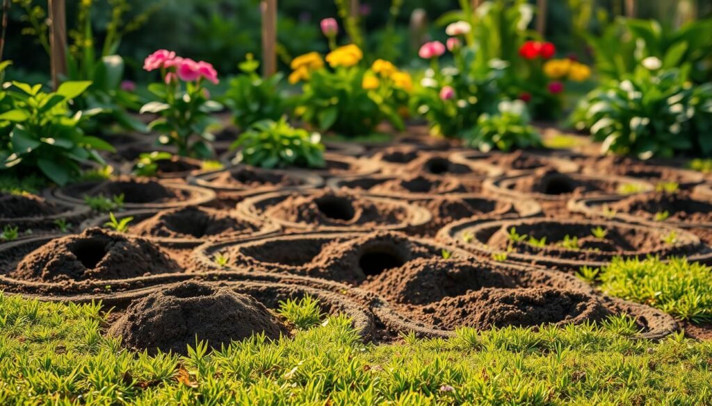 A lush garden with intricate mole tunnels snaking across the soil, creating a complex underground network. The foreground showcases the freshly dug mounds of earth, their soft mounds casting gentle shadows on the grass. In the middle ground, the tunnel openings are visible, hinting at the unseen activity beneath the surface. The background features a harmonious blend of verdant foliage, vibrant flowers, and a warm, golden-hued lighting that casts a natural, earthy ambiance. The composition captures the essence of the mole's subterranean world within the tranquil setting of a well-tended garden, inviting the viewer to explore the hidden depths of this unique ecological interplay.