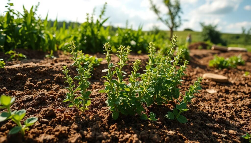 A lush, sun-dappled herb garden in a countryside setting, with oregano plants thriving in the foreground. The soil is rich and loamy, with a slight mound to ensure proper drainage. Surrounding the oregano, verdant foliage and a few scattered stones create a natural, earthy aesthetic. Soft, diffused lighting filters through wispy clouds, casting gentle shadows and highlighting the vibrant green hues of the oregano leaves. The composition emphasizes the oregano's ideal growing conditions - a warm, sheltered location with well-drained, nutrient-dense soil. An inviting, serene atmosphere that captures the essence of the oregano plant's optimal habitat. A lush, sun-dappled herb garden in a countryside setting, with oregano plants thriving in the foreground. The soil is rich and loamy, with a slight mound to ensure proper drainage. Surrounding the oregano, verdant foliage and a few scattered stones create a natural, earthy aesthetic. Soft, diffused lighting filters through wispy clouds, casting gentle shadows and highlighting the vibrant green hues of the oregano leaves. The composition emphasizes the oregano's ideal growing conditions - a warm, sheltered location with well-drained, nutrient-dense soil. An inviting, serene atmosphere that captures the essence of the oregano plant's optimal habitat.