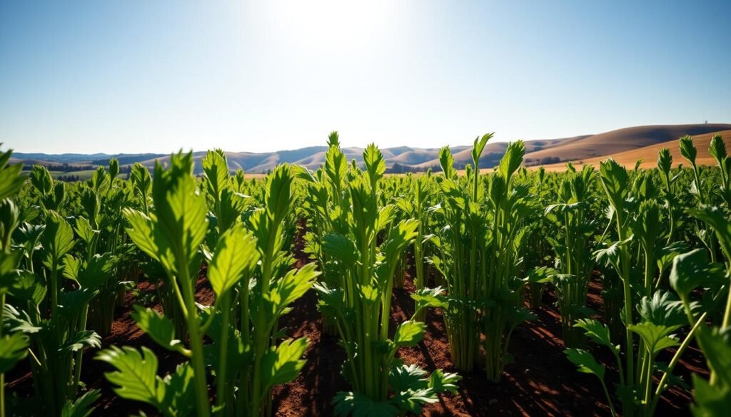 A lush, verdant field of celery plants thrives under the warm, golden sunlight. The celery stalks stand tall and vibrant, their deep green hues contrasting beautifully with the rich, fertile soil. In the background, rolling hills and a clear blue sky create a serene, pastoral scene. The camera angle captures the scene from a low perspective, emphasizing the scale and grandeur of the celery crop. The lighting is soft and diffused, creating a natural, almost ethereal atmosphere. Subtle shadows and highlights accentuate the texture and form of the celery plants, while the overall composition draws the viewer's eye to the heart of the celery-growing operation. Sellerie 2