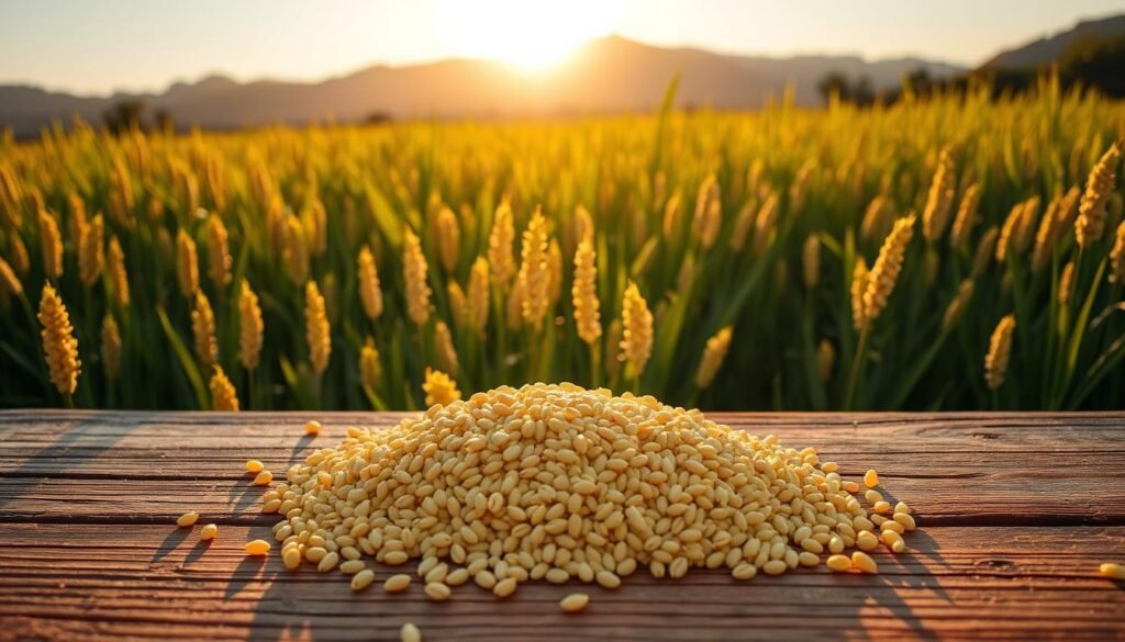A lush, verdant field of flourishing organic quinoa, its golden stalks swaying gently in the warm breeze. In the foreground, a handful of the nutrient-rich grains spill out onto a wooden surface, illuminated by soft, natural lighting. In the background, a picturesque mountain range rises, bathed in the golden glow of the sun. The entire scene exudes a sense of harmony and sustainability, capturing the essence of ethical, eco-friendly quinoa cultivation. The image is captured through a wide-angle lens, providing a comprehensive and immersive view of this sustainable agricultural landscape.