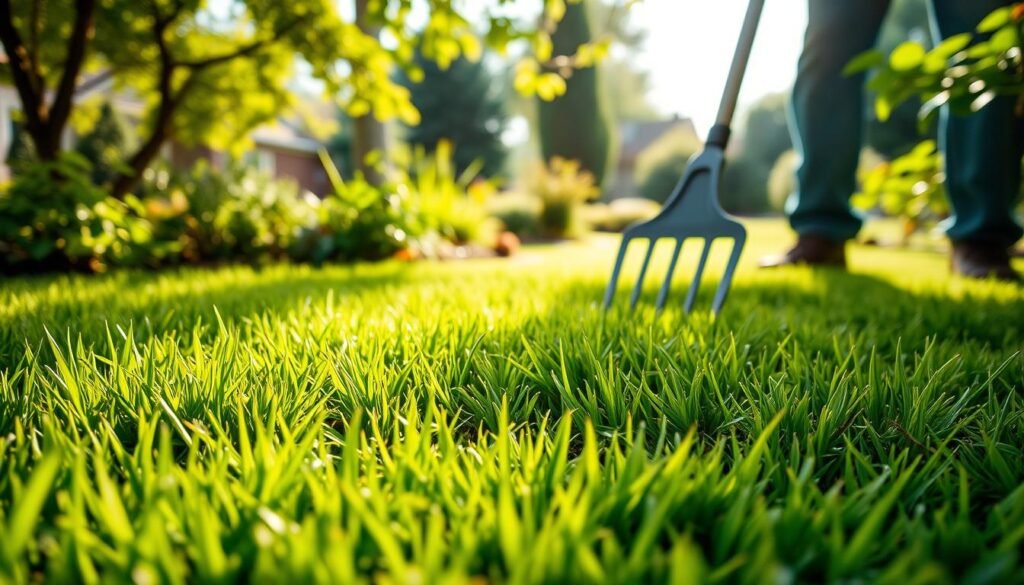 A lush, verdant lawn with a focus on regenerative lawn care after dealing with mole infestations. The foreground showcases a close-up of healthy, vibrant grass blades, while the middle ground depicts a gardener carefully aerating the soil with a pitchfork. In the background, a well-manicured garden landscape with flourishing plants and trees creates a serene, tranquil atmosphere. The lighting is natural, with soft, diffused sunlight filtering through the leaves, casting a warm, inviting glow over the entire scene. The camera angle is slightly elevated, providing a holistic view of the lawn rejuvenation process. The overall mood conveys a sense of harmony, rejuvenation, and a well-maintained, thriving outdoor space.