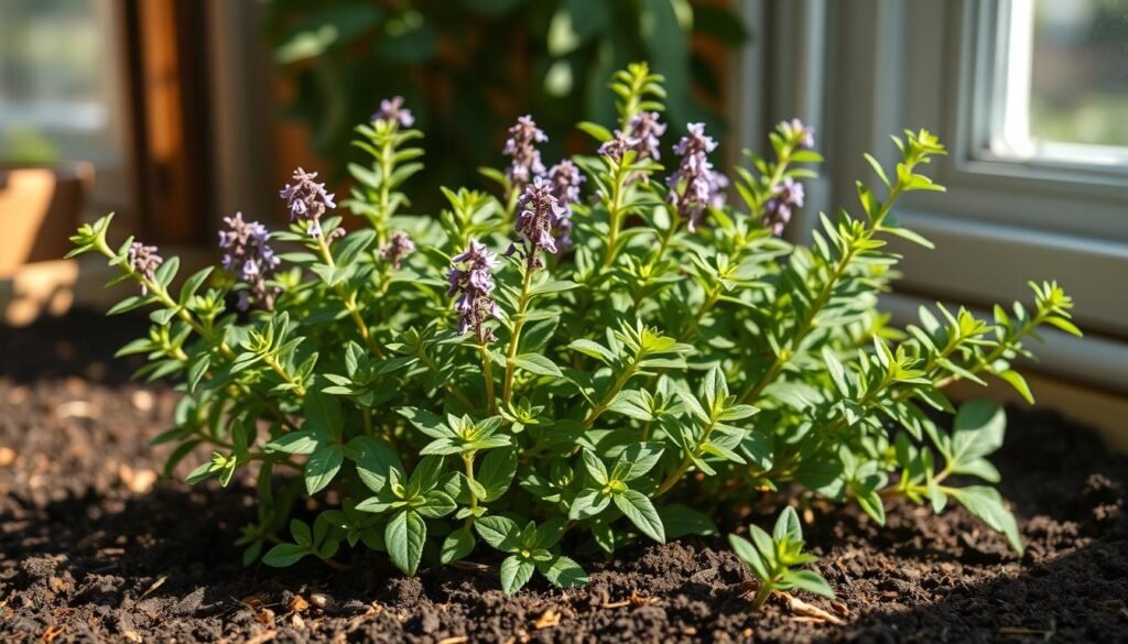 A lush, well-tended oregano plant thriving in a sun-dappled kitchen garden. The leaves are a vibrant, glossy green, with delicate purple flowers gently swaying in a light breeze. The plant is surrounded by rich, dark soil, dotted with organic matter and nourished by a recent application of balanced fertilizer. Soft, warm lighting from an open window casts a gentle glow, highlighting the plant's natural textures and creating a sense of inviting domestic tranquility. The composition is framed to showcase the oregano's graceful form, capturing its essence as a hardy, aromatic herb essential for flavorful Mediterranean cuisine. A lush, well-tended oregano plant thriving in a sun-dappled kitchen garden. The leaves are a vibrant, glossy green, with delicate purple flowers gently swaying in a light breeze. The plant is surrounded by rich, dark soil, dotted with organic matter and nourished by a recent application of balanced fertilizer. Soft, warm lighting from an open window casts a gentle glow, highlighting the plant's natural textures and creating a sense of inviting domestic tranquility. The composition is framed to showcase the oregano's graceful form, capturing its essence as a hardy, aromatic herb essential for flavorful Mediterranean cuisine.