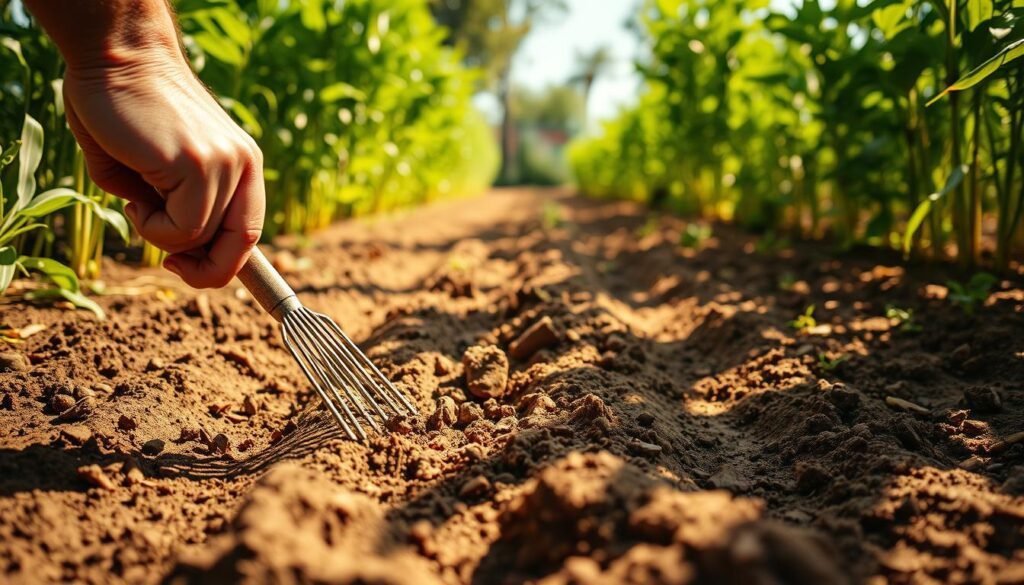 A sun-dappled garden plot, the soil freshly tilled and ready for Quinoa cultivation. In the foreground, a gardener's hand gently rakes the earth, creating shallow furrows to welcome the delicate seeds. Surrounding the plot, lush greenery frames the scene, hinting at the bountiful harvest to come. Warm, diffused lighting filters through the canopy, casting a soft glow over the well-prepared bed. The camera angle captures the scene from a low perspective, emphasizing the fertile ground and the gardener's careful attention to detail. This image evokes a sense of anticipation and the promise of a successful Quinoa growing season.