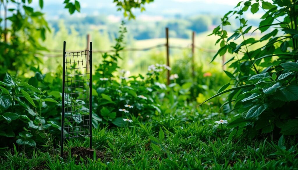 A tranquil garden scene with lush foliage and a manual mole deterrent device prominently in the foreground. The device, composed of wire mesh and stakes, blends seamlessly with the surrounding landscape. Soft, diffused natural lighting illuminates the scene, creating a serene and inviting atmosphere. The middle ground features verdant plants and flowers, while the background showcases a scenic view of the garden, perhaps with a few trees or a fence in the distance. The overall composition conveys a sense of harmony between the manual mole control method and the natural beauty of the garden, effectively illustrating the "Manuelle und vorbeugende Maßnahmen im Garten" section.