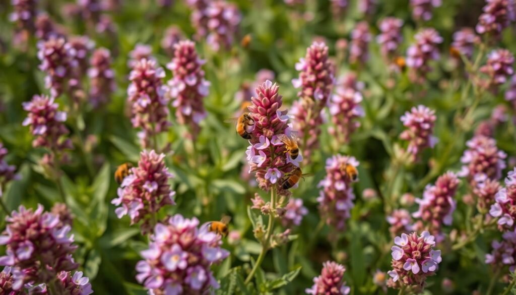 A vibrant field of blooming oregano, its purple-pink flowers radiating warmth under a soft, diffuse natural light. Amidst the lush foliage, a colony of industrious bees gently pollinate the delicate blossoms, their fuzzy bodies coated in pollen as they flit from flower to flower. The scene exudes a sense of harmonious coexistence, highlighting the crucial ecological role oregano plays in supporting pollinator populations. The overall composition emphasizes the beauty and vitality of this versatile herb, inviting the viewer to appreciate its value beyond the culinary realm. A vibrant field of blooming oregano, its purple-pink flowers radiating warmth under a soft, diffuse natural light. Amidst the lush foliage, a colony of industrious bees gently pollinate the delicate blossoms, their fuzzy bodies coated in pollen as they flit from flower to flower. The scene exudes a sense of harmonious coexistence, highlighting the crucial ecological role oregano plays in supporting pollinator populations. The overall composition emphasizes the beauty and vitality of this versatile herb, inviting the viewer to appreciate its value beyond the culinary realm.