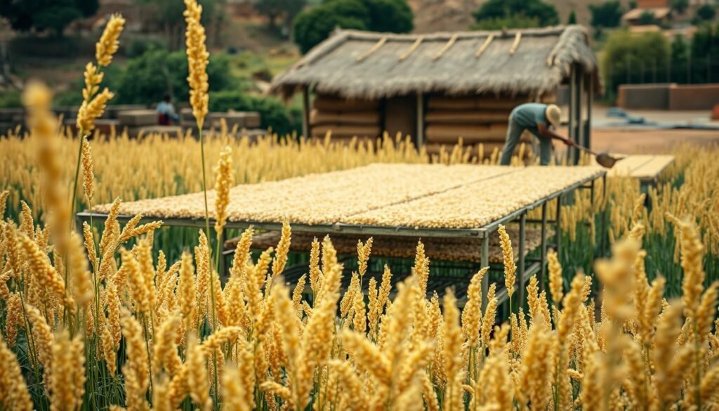 A vibrant field of quinoa plants, their golden-hued panicles swaying gently in the warm summer breeze. In the foreground, a farmer carefully harvests the ripe grains, their delicate movements captured in a shallow depth of field. The middle ground reveals neatly stacked drying racks, where the harvested quinoa is spread out to be air-dried under the soft, diffused light of an overcast sky. In the background, a traditional storage structure stands, its thatched roof and earthen walls promising a secure environment for the carefully curated harvest. The scene exudes a sense of serene productivity, reflecting the harmonious balance of nature and human labor.