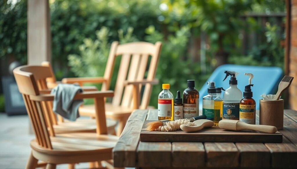 A well-lit and meticulously detailed wooden furniture maintenance scene. In the foreground, a set of natural wood chairs and a table are being gently cleaned with a soft cloth, highlighting the grain and texture. In the middle ground, various wood care products such as oils, waxes, and brushes are arranged neatly on a wooden surface, suggesting a thoughtful, step-by-step approach. The background features a serene outdoor setting, with lush greenery and soft, diffused lighting, creating a calming and tranquil atmosphere. The overall composition conveys a sense of care, attention to detail, and a reverence for the natural beauty of wooden furniture. A well-lit and meticulously detailed wooden furniture maintenance scene. In the foreground, a set of natural wood chairs and a table are being gently cleaned with a soft cloth, highlighting the grain and texture. In the middle ground, various wood care products such as oils, waxes, and brushes are arranged neatly on a wooden surface, suggesting a thoughtful, step-by-step approach. The background features a serene outdoor setting, with lush greenery and soft, diffused lighting, creating a calming and tranquil atmosphere. The overall composition conveys a sense of care, attention to detail, and a reverence for the natural beauty of wooden furniture.