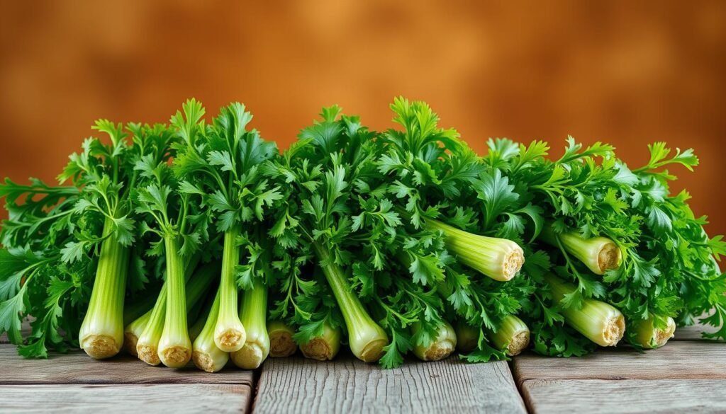 Lush, freshly harvested celery heads nestled on a rustic wooden table, their vibrant green stalks and crisp leaves glistening under warm, natural lighting. In the background, a simple, earthy-toned backdrop subtly frames the scene, conveying a sense of wholesome, farm-to-table abundance. The image captures the essence of a successful celery harvest, inviting the viewer to imagine the satisfying crunch and refreshing flavor of this versatile vegetable, ready to be enjoyed or preserved for later use. Lush, freshly harvested celery heads nestled on a rustic wooden table, their vibrant green stalks and crisp leaves glistening under warm, natural lighting. In the background, a simple, earthy-toned backdrop subtly frames the scene, conveying a sense of wholesome, farm-to-table abundance. The image captures the essence of a successful celery harvest, inviting the viewer to imagine the satisfying crunch and refreshing flavor of this versatile vegetable, ready to be enjoyed or preserved for later use.