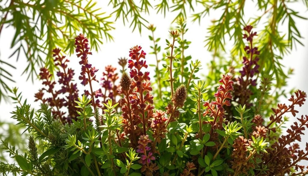 Oregano Sortenvielfalt: A lush, vibrant arrangement of various oregano cultivars against a soft, diffused background. Framed by delicate, feathery green leaves, the oregano specimens showcase their distinct hues, ranging from deep, earthy greens to warm, burnished purples. Sunlight filters through, casting a gentle, golden glow and highlighting the intricate textures and subtle variations of each individual plant. The composition conveys a sense of natural abundance and the remarkable diversity found within this humble yet flavorful herb. Captured with a shallow depth of field, the image invites the viewer to explore the nuanced beauty and complexity of the Oregano Sortenvielfalt. Oregano Sortenvielfalt: A lush, vibrant arrangement of various oregano cultivars against a soft, diffused background. Framed by delicate, feathery green leaves, the oregano specimens showcase their distinct hues, ranging from deep, earthy greens to warm, burnished purples. Sunlight filters through, casting a gentle, golden glow and highlighting the intricate textures and subtle variations of each individual plant. The composition conveys a sense of natural abundance and the remarkable diversity found within this humble yet flavorful herb. Captured with a shallow depth of field, the image invites the viewer to explore the nuanced beauty and complexity of the Oregano Sortenvielfalt.