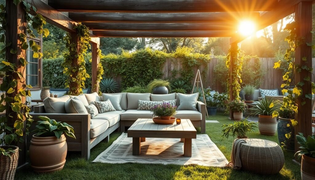 Outdoor-Wohnzimmer Gestaltung: A cozy, inviting outdoor living area with a plush sectional sofa and weathered wooden coffee table set on a lush, grassy patio. Potted plants and trailing vines frame the scene, while a rustic pergola overhead filters the warm, golden sunlight. Soft textiles and ambient lighting create a serene, relaxing atmosphere, perfect for entertaining or unwinding. The overall aesthetic blends natural elements with modern comfort, showcasing an idyllic outdoor oasis. Sitzecken für balkon