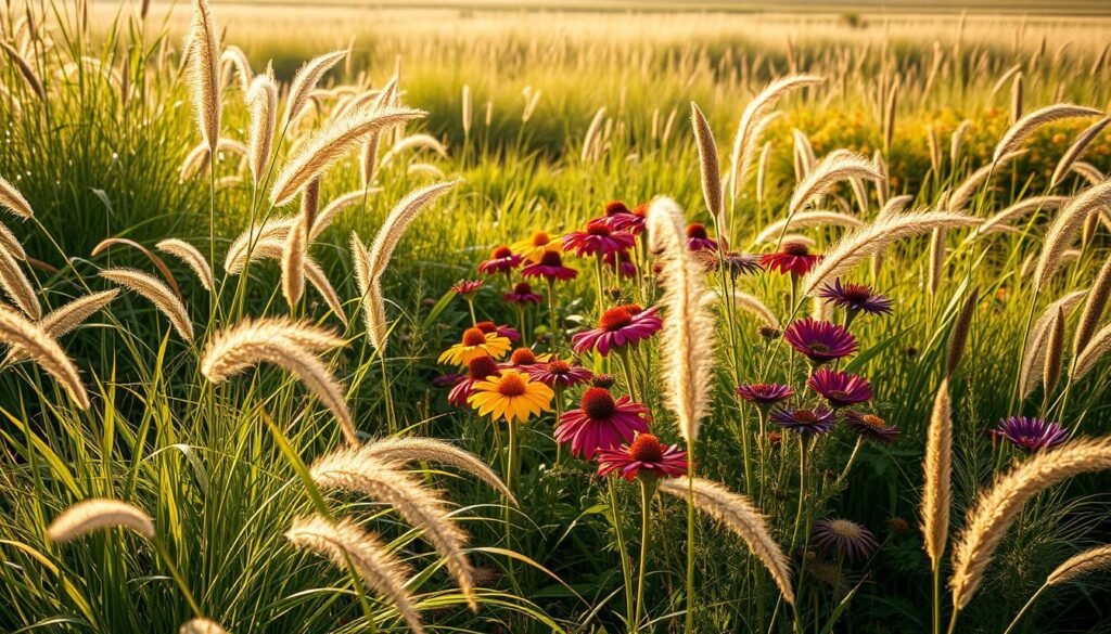 A lush prairie garden, bathed in warm afternoon light. In the foreground, a tapestry of swaying ornamental grasses - Miscanthus, Panicum, and Stipa - their slender blades catching the sun's rays. Mid-ground, bold clumps of perennials rise up, their flower heads nodding gently - Echinacea, Rudbeckia, and Helenium, in a palette of gold, burgundy, and purple. In the background, a wispy border of Calamagrostis and Molinia grasses frame the scene, leading the eye towards a distant horizon. Shallow depth-of-field blurs the edges, focusing attention on the lively interplay of textures and colors at the heart of this authentic prairie planting.