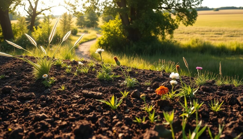 A lush prairie garden showcasing the art of soil optimization. In the foreground, a well-tended soil bed, its rich, dark hues glistening with organic matter. Carefully placed perennial grasses and wildflowers sway gently, their vibrant foliage and blooms creating a harmonious tapestry. In the middle ground, a path winds through the garden, inviting exploration. Sunlight filters through the canopy of surrounding trees, casting a warm, golden glow over the scene. In the background, a picturesque meadow stretches out, dotted with clusters of native plants, showcasing the benefits of optimized soil for a thriving prairie ecosystem. The overall mood is one of tranquility, balance, and the celebration of nature's restorative power.