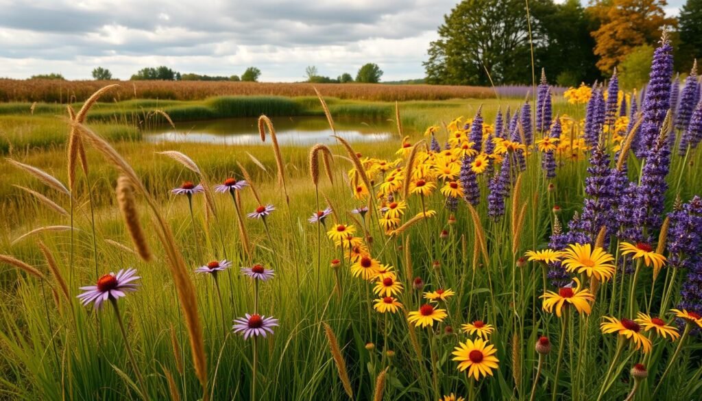 A lush, sprawling prairie garden bursting with vibrant native grasses and perennial wildflowers. The foreground showcases a harmonious arrangement of swaying switchgrass, purple coneflowers, and golden rudbeckia, casting warm, dappled shadows on the gently undulating terrain. In the middle ground, delicate purple asters and tall, stately big bluestem create rhythmic patterns, guiding the eye towards a tranquil pond reflecting the cloudy sky above. The background features a softly blurred line of deciduous trees, their autumnal hues adding depth and character to the serene, naturalistic scene. Crisp, even lighting accentuates the garden's tactile textures and natural color palette, creating an inviting, harmonious atmosphere.