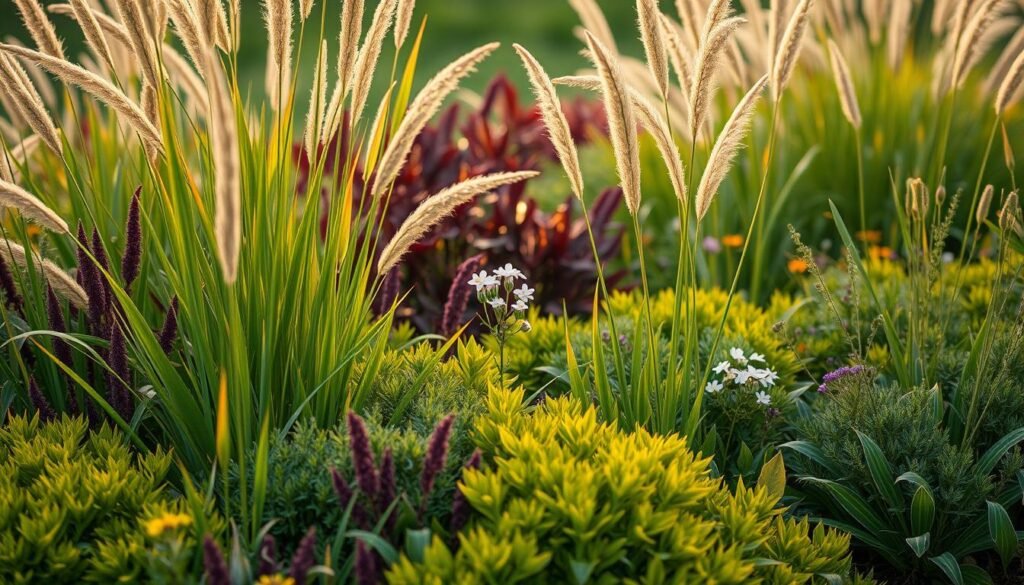 A lush, vibrant garden bed with a carefully curated arrangement of perennial plants and ornamental grasses. The foreground features a striking mix of towering, swaying grasses and bold, textured foliage in shades of green, gold, and burgundy. In the middle ground, delicate, colorful wildflowers dot the landscape, adding pops of color and visual interest. The background is softly blurred, creating a sense of depth and focus on the meticulously planned planting design. Warm, golden-hour lighting casts a gentle glow, highlighting the intricate details and natural textures of the plants. The overall composition conveys a sense of harmony, balance, and the beauty of a well-designed prairie-style garden.