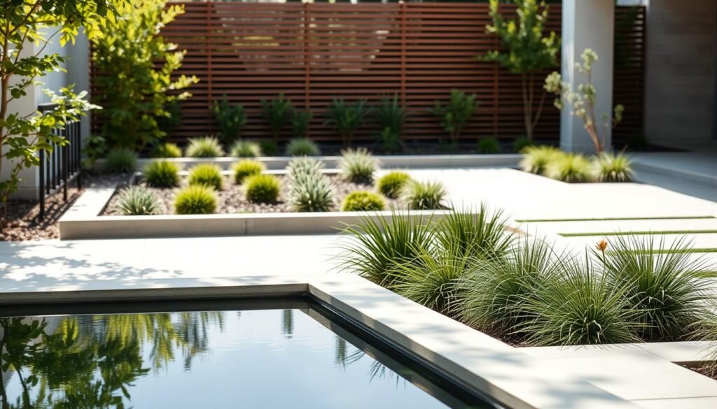 A minimalist, contemporary garden with clean lines, geometric shapes, and a harmonious balance of natural and man-made elements. In the foreground, a sleek, rectangular water feature reflects the sky and surrounding greenery. The middle ground features carefully curated planting beds with a mix of low-growing shrubs, grasses, and succulents. In the background, a slatted wooden fence or trellis creates a sense of enclosure and privacy. The scene is bathed in soft, natural lighting, casting gentle shadows and highlighting the tactile textures of the materials. The overall atmosphere conveys a sense of tranquility, order, and sophisticated simplicity.