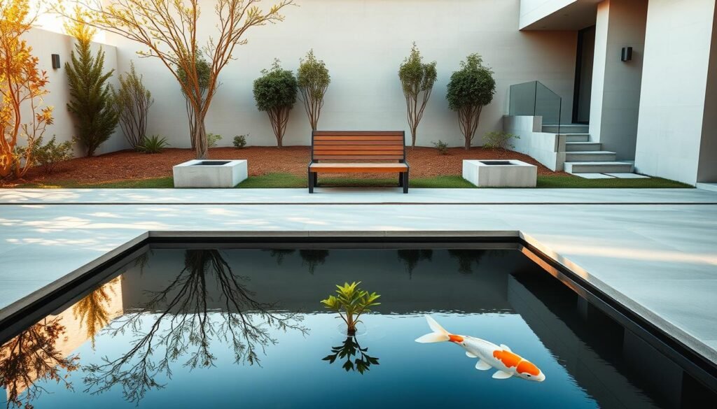 A minimalist garden oasis, bathed in warm, natural light. In the foreground, a serene koi pond reflects the surrounding landscape - clean lines, smooth stones, and a single, sculptural plant. The middle ground features a sparse arrangement of carefully pruned shrubbery, their geometric shapes complementing the modern architecture in the background. A wooden bench, nestled between two concrete planters, invites contemplation. The overall scene exudes a sense of tranquility and understated elegance, perfectly capturing the essence of minimalist garden design.