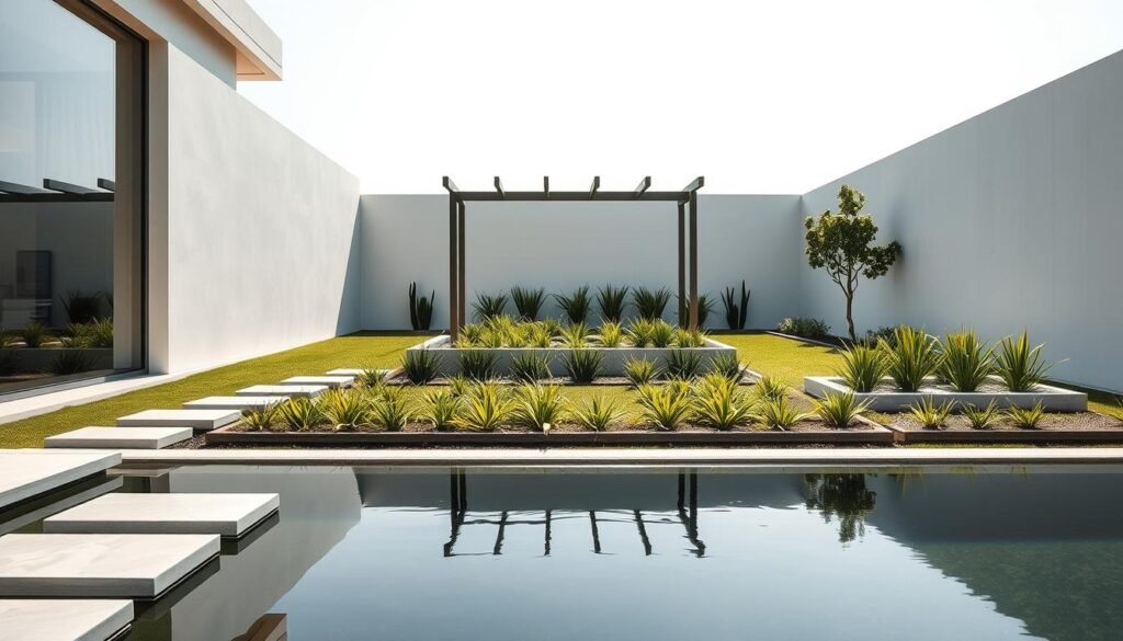 A modern, minimalist garden showcasing clean lines and sleek materials. In the foreground, a tranquil pond reflects the surrounding architecture, its surface like a mirror. Carefully placed stepping stones, made of smooth concrete or natural stone, lead the eye through the scene. In the middle ground, sharp-edged garden beds are filled with neatly trimmed, low-growing plants, their verdant foliage providing a subtle contrast to the hard surfaces. The background features a minimalist pergola or trellis structure, its linear design echoing the clean aesthetic. Overhead, the sky is bright and clear, with soft, diffused lighting casting long, linear shadows across the garden. The overall mood is one of calm, elegant simplicity, inviting the viewer to experience the beauty of carefully curated, modern outdoor spaces.