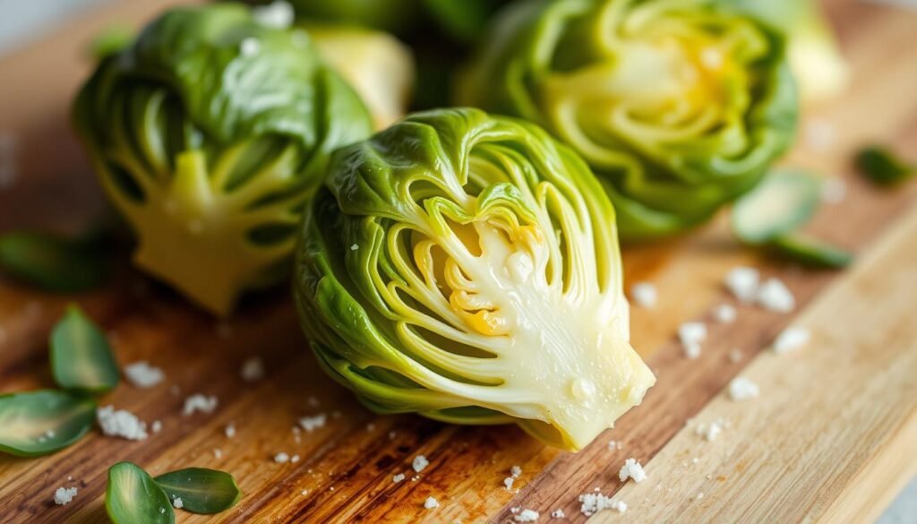 A close-up shot of a freshly steamed Brussels sprout, its vibrant green florets glistening with a light sheen of butter. The sprout is resting on a wooden cutting board, surrounded by a few scattered leaves and a sprinkle of coarse sea salt. The lighting is soft and diffused, creating a warm, inviting atmosphere. The camera angle is slightly elevated, giving a sense of close observation and attention to detail. The overall mood is one of culinary appreciation and the celebration of seasonal, wholesome ingredients.