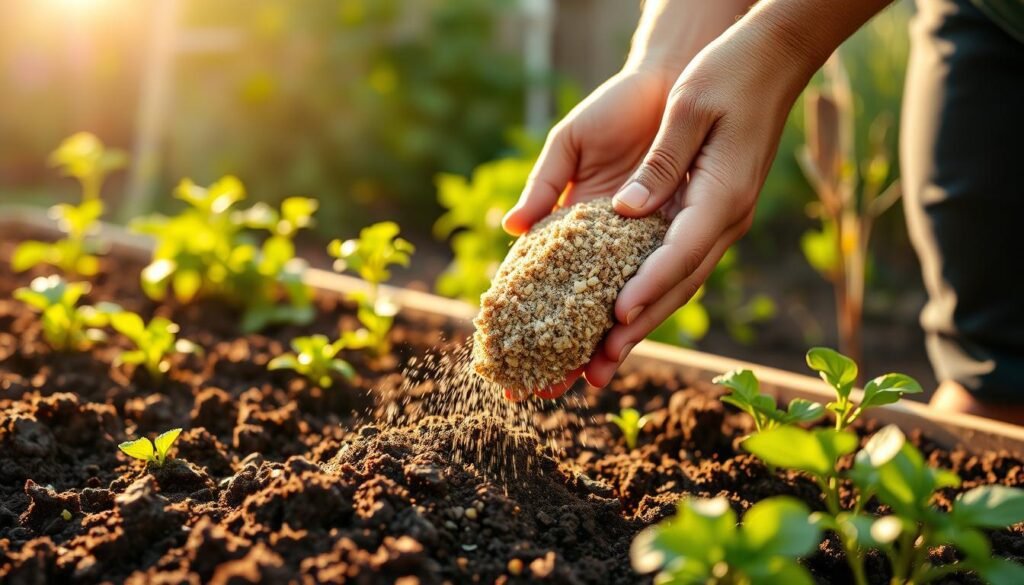 A close-up shot of a gardener's hands carefully spreading organic fertilizer over rich, dark soil in a backyard vegetable garden. The sun casts a warm, golden glow, illuminating the lush, green foliage in the background. The scene conveys a sense of nurturing, sustainability, and the joy of growing one's own produce. The camera angle emphasizes the hands-on, methodical process of applying the organic compost, highlighting its role in nourishing the plants. The overall atmosphere is one of natural, earthy tranquility.