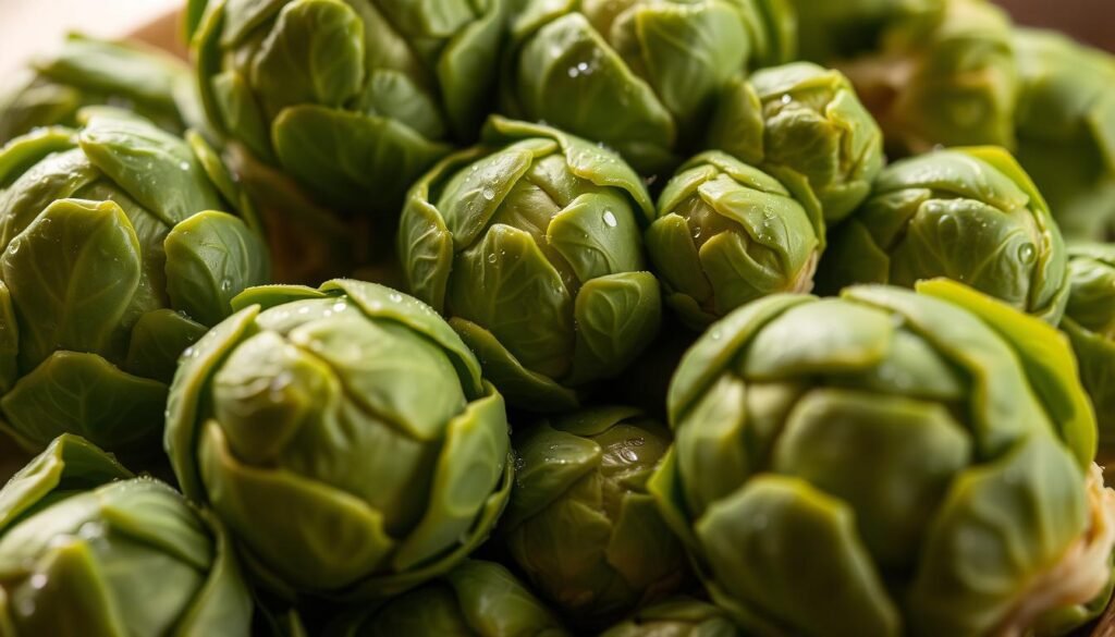 A close-up shot of freshly harvested Brussels sprout heads, their tightly packed leaves glistening with dew. The sprouts are arranged in a natural, organic composition, showcasing their vibrant green hues and delicate textures. The lighting is soft and diffused, creating a warm, inviting atmosphere that highlights the sprouts' inherent beauty. The background is slightly blurred, allowing the sprouts to take center stage and captivating the viewer's attention. The image conveys the idea of harvest, freshness, and the preparation of a delicious, nutritious vegetable for the kitchen.