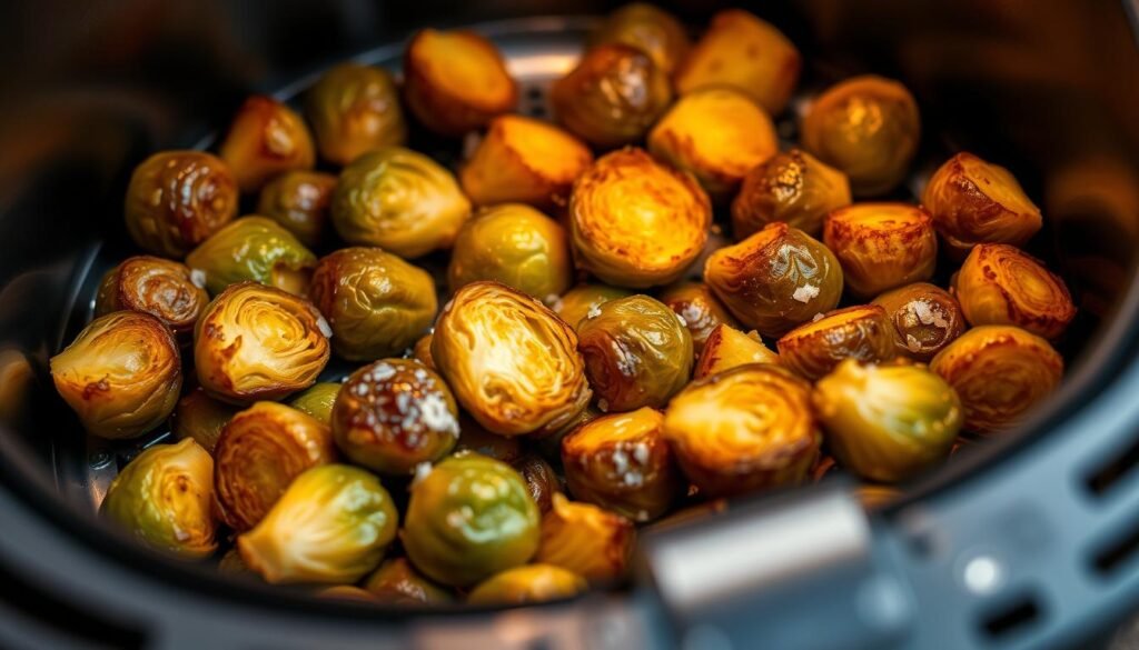 A crisp, golden-brown Brussels sprout dish, sizzling in a sleek, modern air fryer. The sprouts glisten with a light coating of olive oil, their compact, leafy heads evenly browned. Nestled among the sprouts, flecks of garlic and a sprinkling of coarse sea salt add depth of flavor. The air fryer's metal interior reflects warm, diffused lighting, creating an inviting, rustic ambiance. The camera captures the sprouts from a high, three-quarter angle, showcasing their appealing texture and presentation. This simple, yet delectable air-fried Brussels sprout dish is the perfect illustration of a healthy, guilt-free vegetable indulgence.