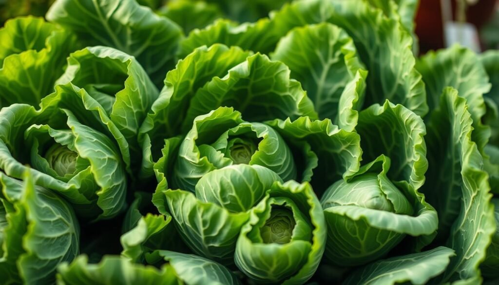 A lush, close-up view of vibrant green Rosenkohl (Brussels sprout) leaves, their intricate patterns and textures illuminated by soft, natural lighting. The leaves fill the frame, with a slight blurred background hinting at a verdant garden setting. The composition emphasizes the delicate, curling shapes and veins of the leaves, capturing their inherent beauty and the essence of this versatile and nutritious brassica vegetable. Rendered with a sense of tranquility and reverence, this image aims to introduce and celebrate the Rosenkohl, a quintessential element of the gardener's bounty.