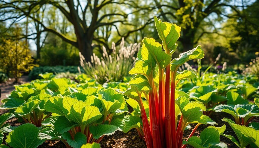A lush garden in the springtime, where vibrant green rhubarb plants flourish in the soft, earthy soil. Sunlight filters through the canopy of trees, casting a warm, golden glow over the scene. The rhubarb leaves unfurl, their broad, textured shapes casting intricate shadows on the ground. In the foreground, a cluster of rhubarb stalks stands tall, their ruby-red hues contrasting beautifully with the verdant foliage. The middle ground features a mix of other thriving garden plants, creating a visually striking and harmonious composition. The background is framed by a backdrop of mature trees, their branches swaying gently in the breeze, adding a sense of depth and tranquility to the overall atmosphere.