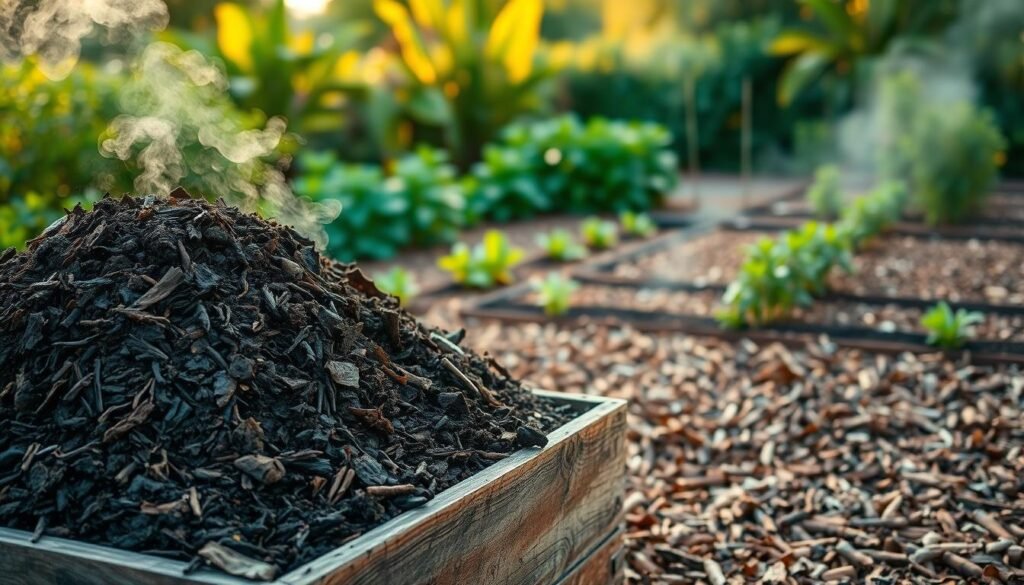 A lush garden scene showcasing a bountiful compost pile and mulch-covered beds. In the foreground, a wooden bin overflows with rich, dark compost, steam gently rising from the decaying organic matter. Surrounding it, neatly tended garden beds are blanketed in a thick layer of fragrant, earthy mulch, creating a natural, textured groundcover. In the middle ground, vibrant green plants and lush foliage emerge, hinting at the thriving ecosystem nourished by the compost and mulch. The background is softly out of focus, suggesting a tranquil, secluded garden setting, bathed in warm, golden-hour light. The overall mood is one of abundance, sustainability, and the harmonious integration of natural waste into a flourishing, productive garden.