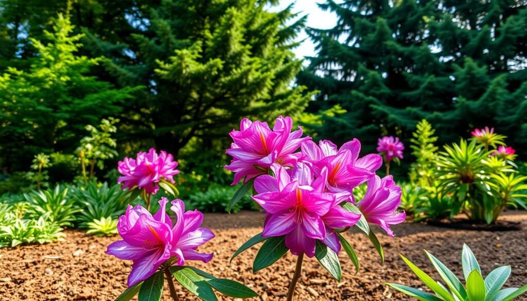 A lush, verdant garden scene showcasing the ideal Rhododendron Standort (location) and Boden (soil). In the foreground, vibrant pink and purple Rhododendron blooms burst forth, their large, waxy petals glistening under soft, natural lighting. The middle ground features rich, loamy soil, teeming with organic matter and acidity, perfect for the plant's growth. In the background, a dense, shaded canopy of towering evergreen trees creates the perfect dappled light conditions. The overall composition conveys a sense of tranquility and harmony, highlighting the specific environmental requirements for thriving Rhododendron plants.